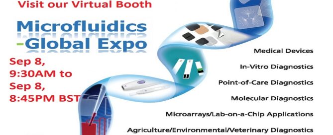 Adhesives Research Microfluidics Global Expo virtual booth invitation with event details and applications.