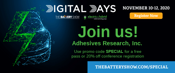 Digital Days event advertisement for The Battery Show, November 10-12, 2020, featuring Adhesives Research, Inc.