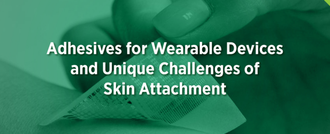 A hand peels back a patch from skin, with text overlay about an Adhesives Research webinar on adhesives for wearable devices and skin attachment challenges.
