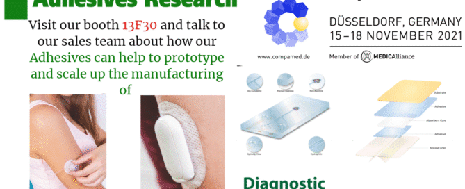 Adhesives Research promotion for COMPAMED trade fair with details on adhesives for wearables, diagnostic devices, and wound care.