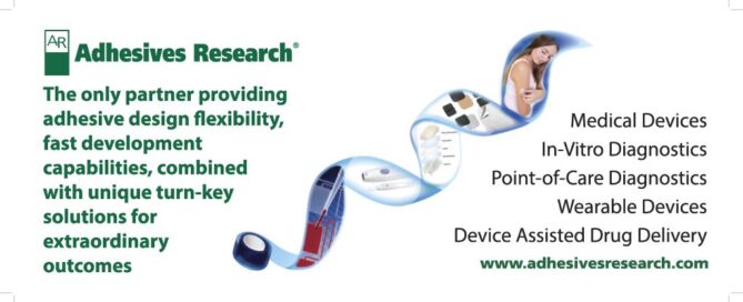 Adhesives Research text with images of medical and wearable devices, highlighting flexibility and fast development capabilities.