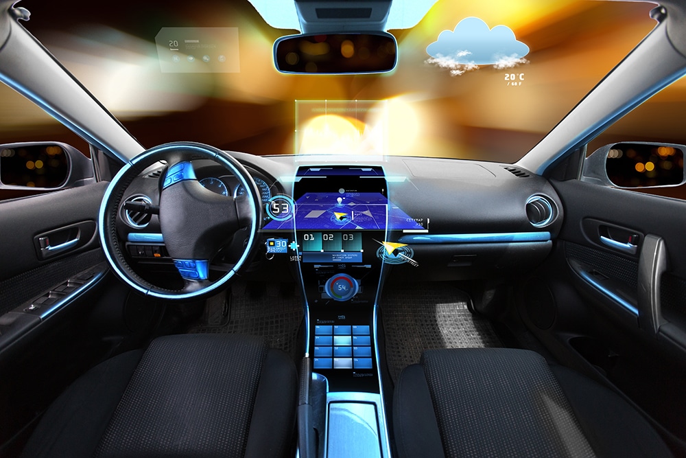 Futuristic car dashboard with digital displays and navigation