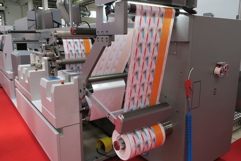 Industrial printing machine with colorful patterned material