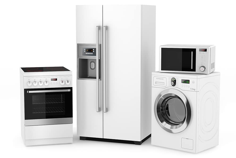 Kitchen appliances including a refrigerator, stove, washing machine, and microwave.