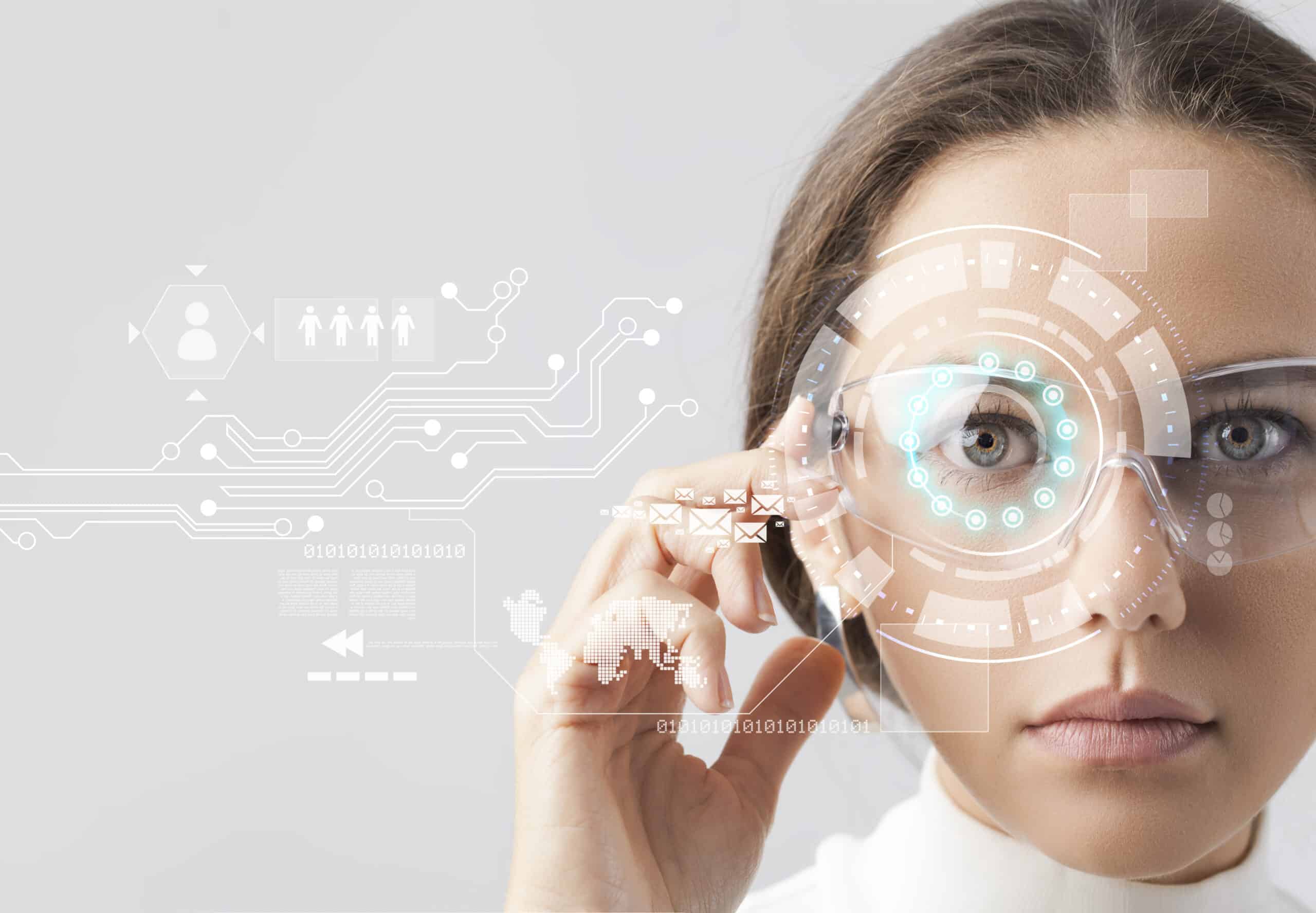 Woman wearing augmented reality smart glasses with digital interface graphics overlaid on her face, suggesting use of advanced technology or virtual reality—possibly enhanced by innovations from Adhesives Research.