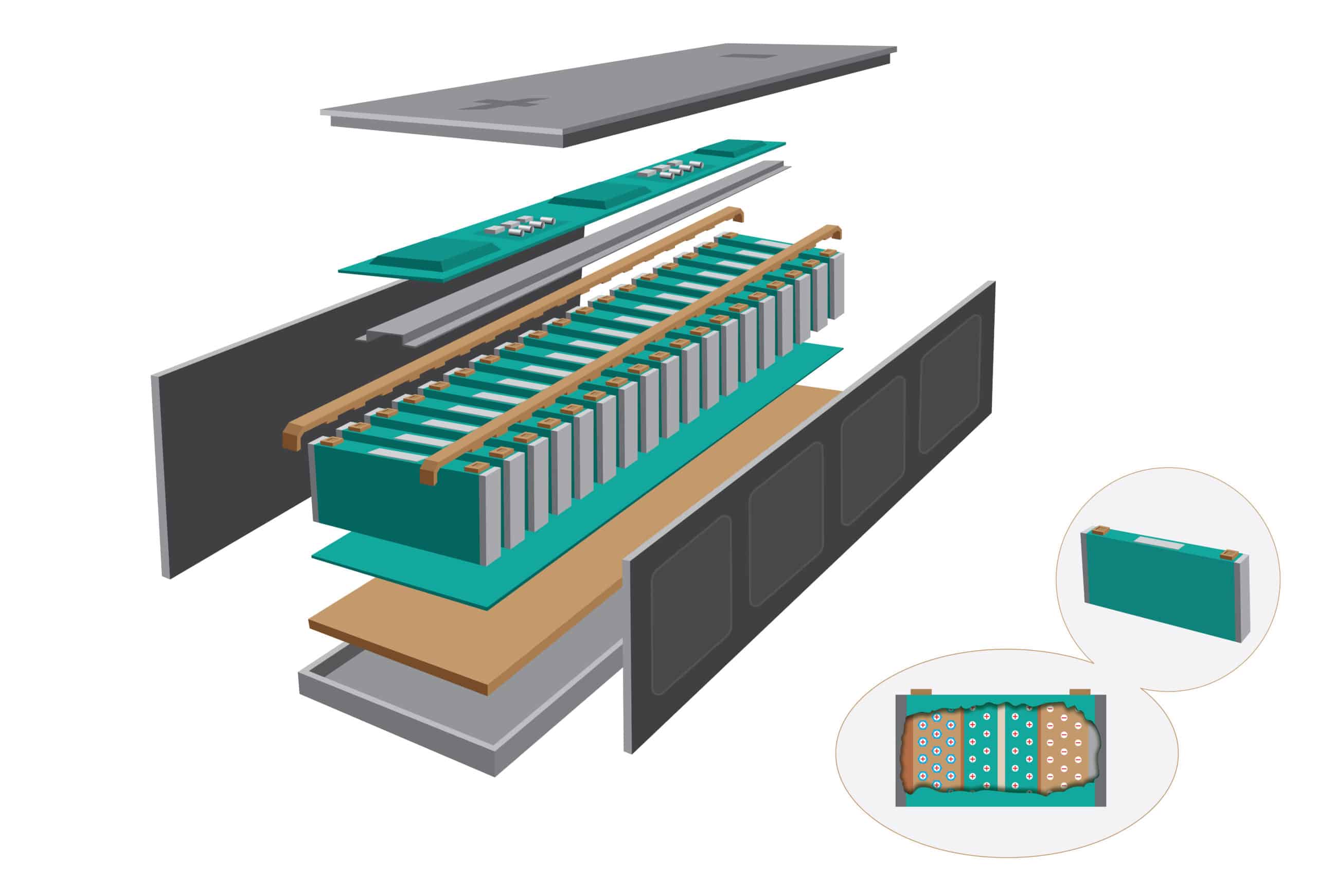 Exploded view of a battery pack with individual components.