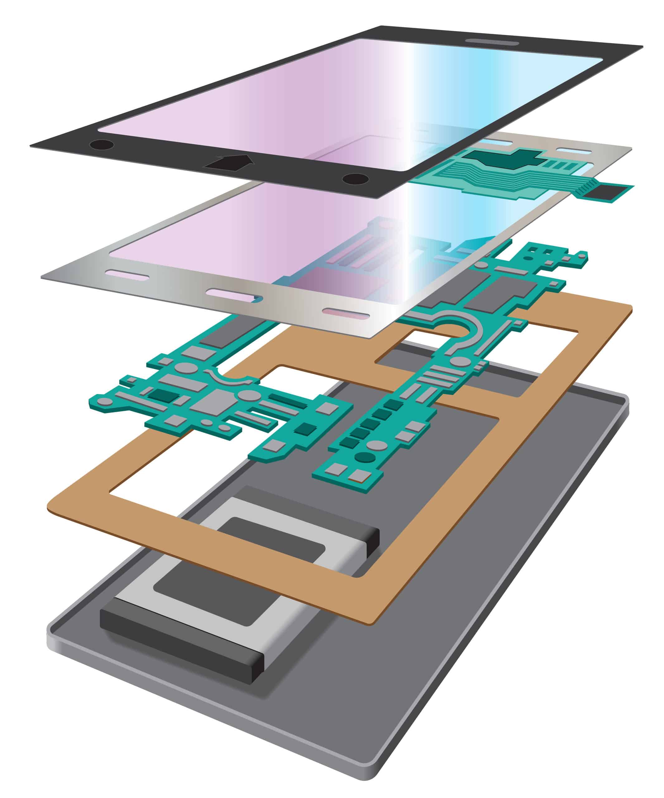 An exploded view diagram of a smartphone, showing separated internal layers including the screen, circuit boards, adhesives research applications, and other components.