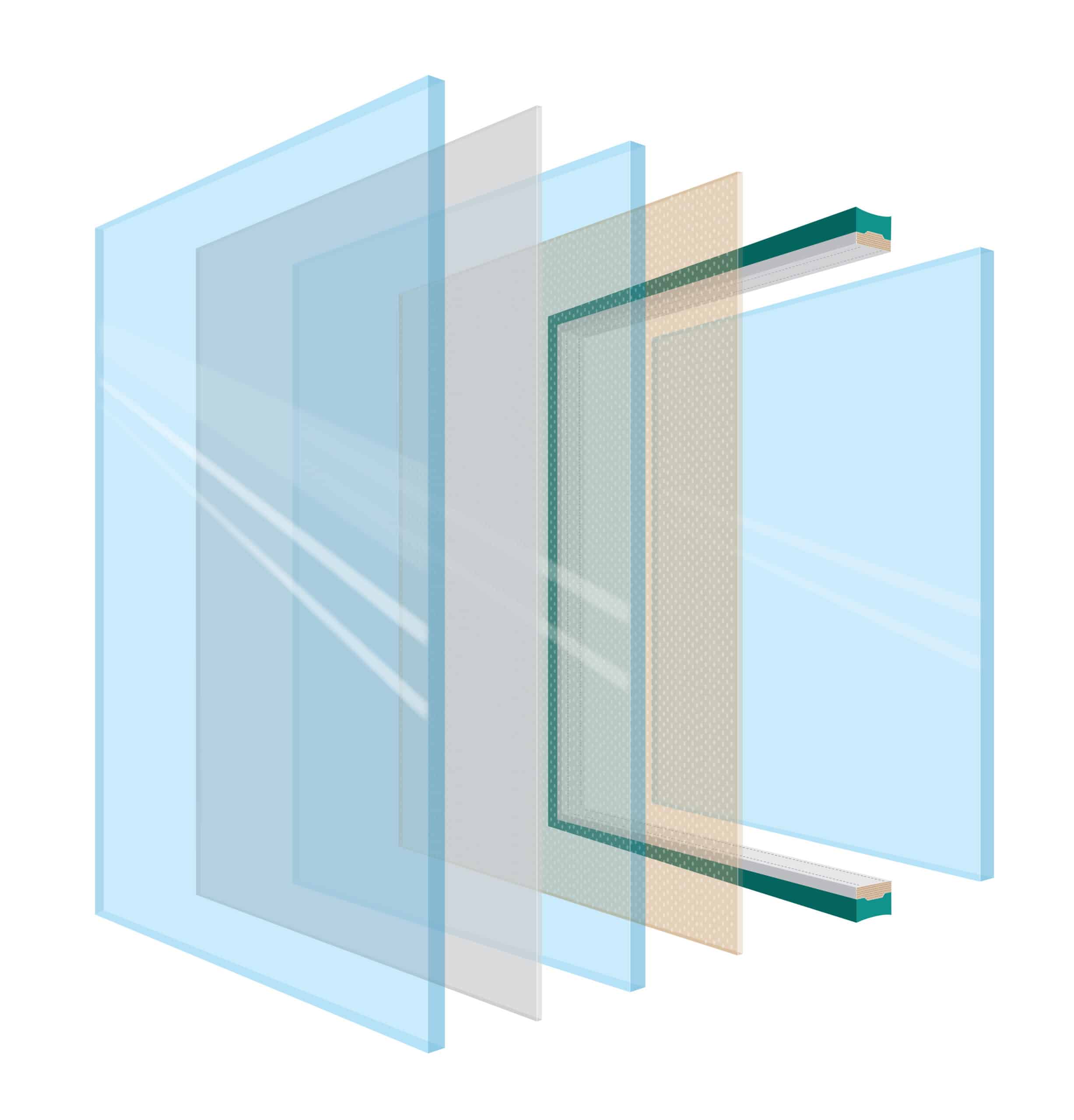 An exploded view diagram of multiple glass panels, spacers, and adhesives research components, illustrating the layered structure of insulated or laminated glass.