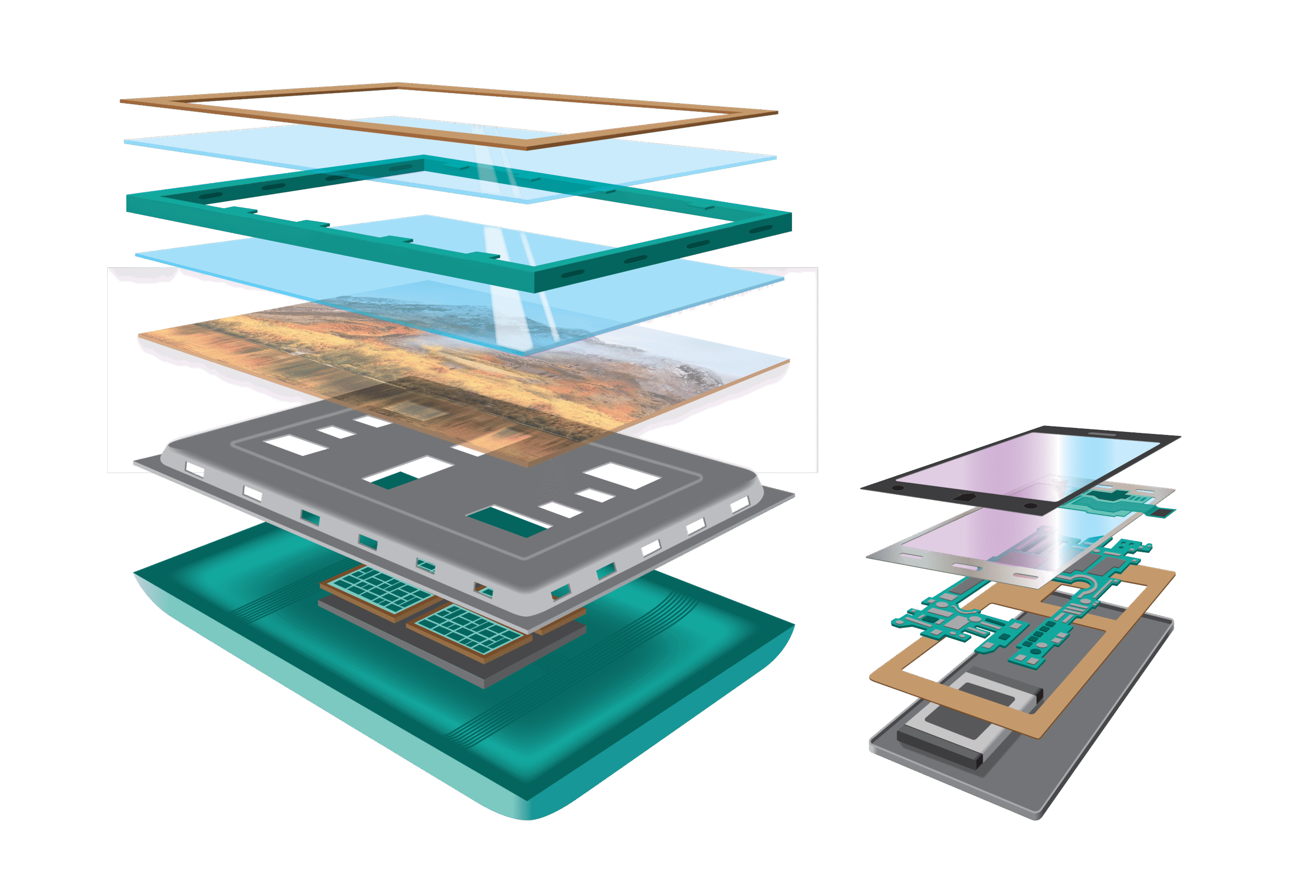 An exploded view of a digital device showing multiple separated internal layers, including screens, circuit boards, structural components, and highlighting the role of Adhesives Research in bonding these elements together.