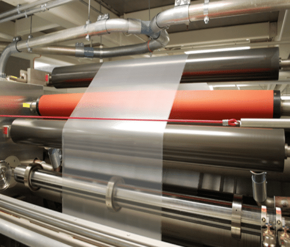 Close-up of a film extrusion machine with rolls and film
