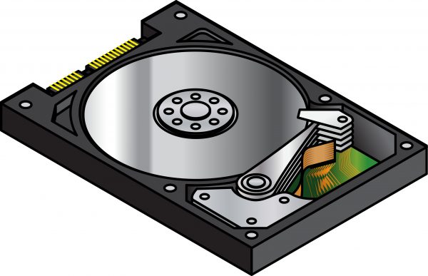 Illustration of an open hard disk drive showing platters and read/write arm