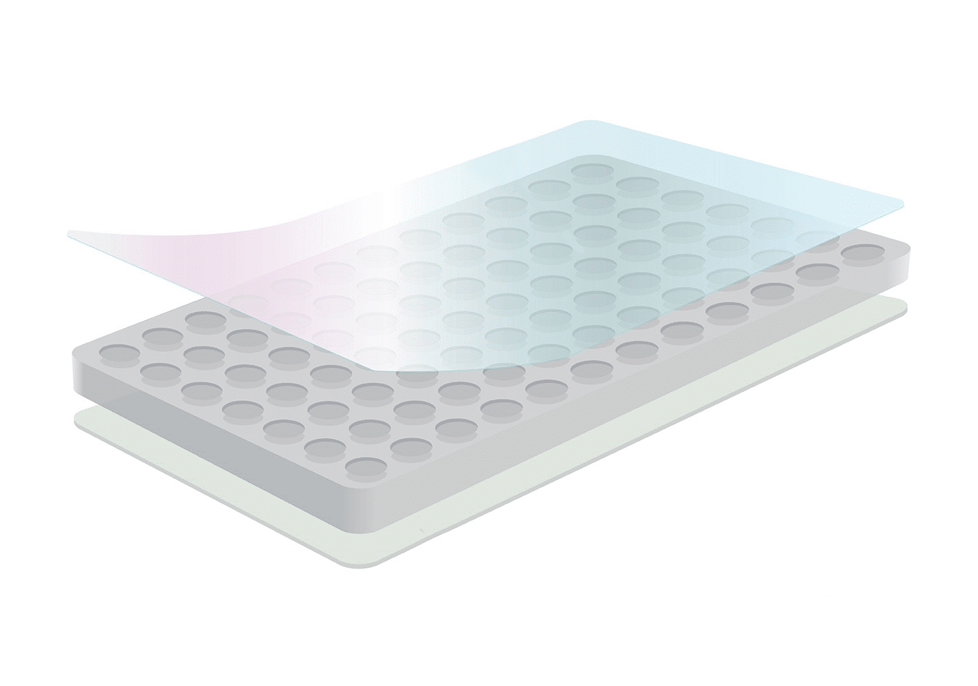 Illustration of a laboratory microplate with wells and a transparent sealing film from Adhesives Research being applied on top.