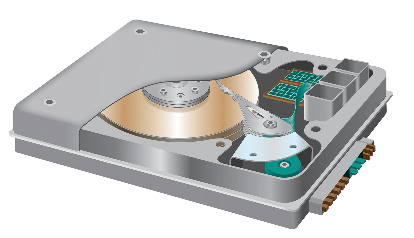 Illustration of an open hard disk drive showing the platters and read/write head.