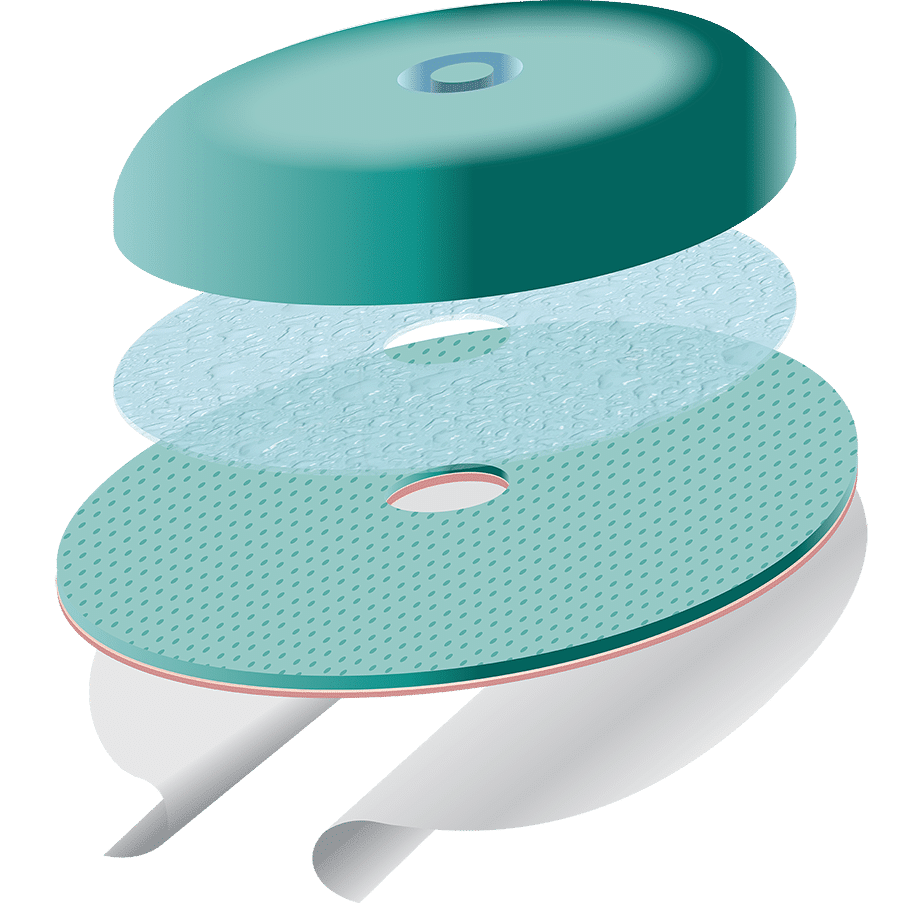 An exploded view of a circular adhesive patch—developed by Adhesives Research—shows four layers: a teal top cover, a translucent middle layer, a textured layer with a hole, and two white peel-off backing strips.