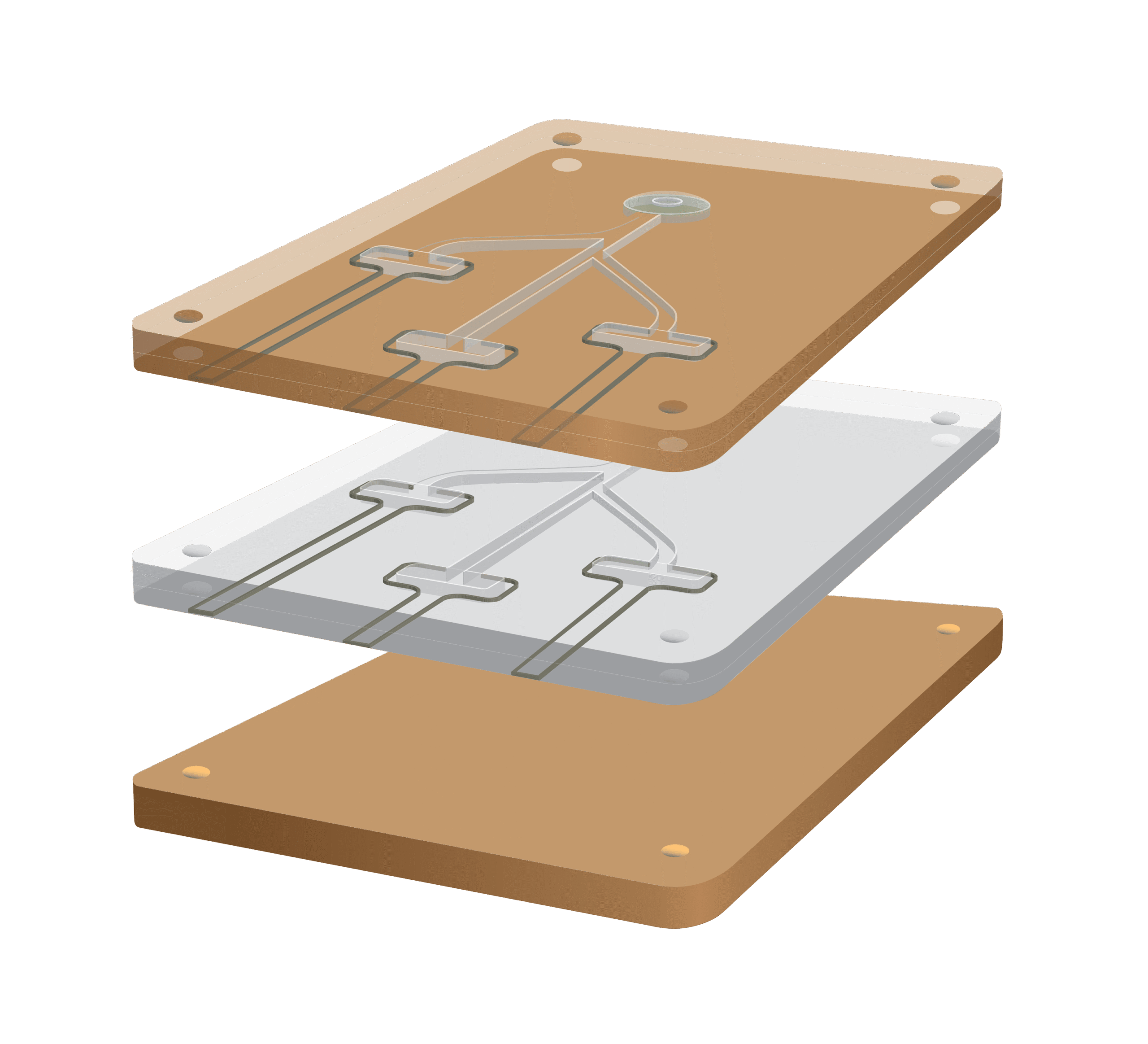No Call Outs Final AR Other Spacer Tape Exploded view of a three-layer microfluidic chip, showing aligned channels and chambers between two brown plates and a transparent central layer, designed using materials from Adhesives Research.