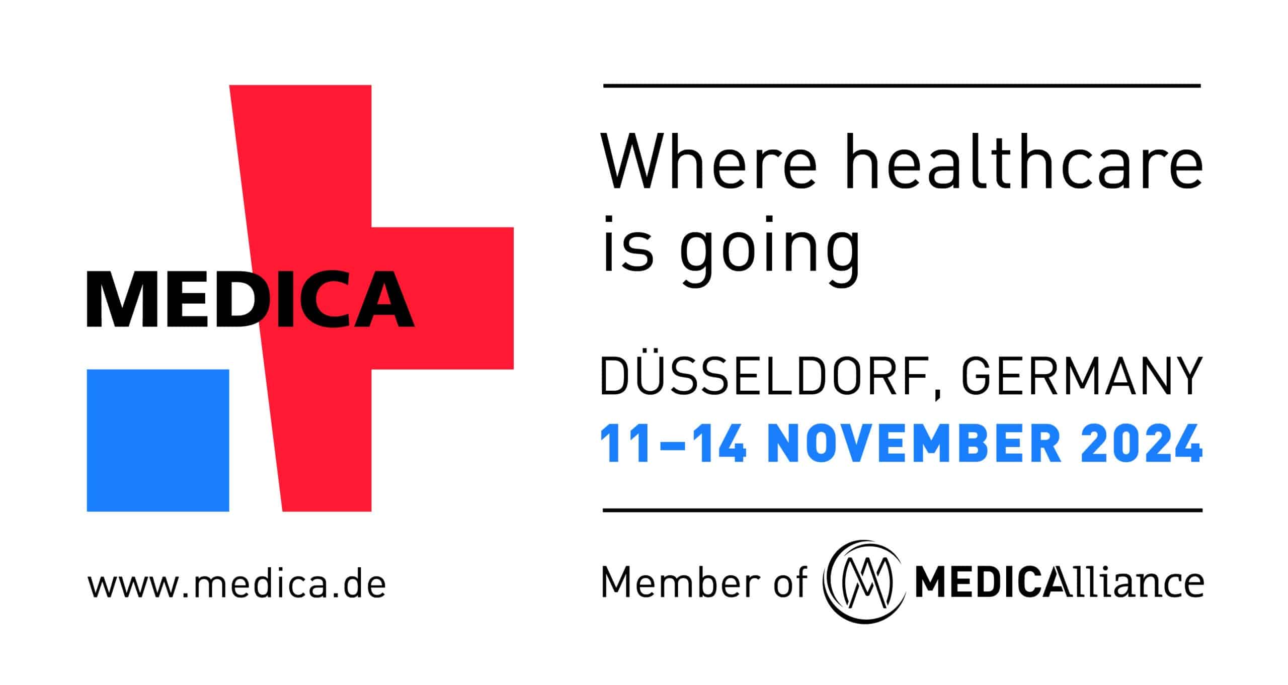 MEDICA 2024 event banner featuring a red and blue cross, event dates (11–14 November 2024), location (Düsseldorf, Germany), and website (www.medica.de). Discover innovations like Adhesives Research at this leading healthcare exhibition.