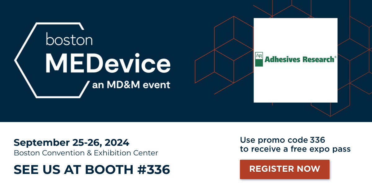 Promotional graphic for Boston MEDevice event on September 25-26, 2024, at the Boston Convention & Exhibition Center, highlighting Adhesives Research’s booth and key event details.