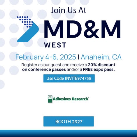 alt='MD&M West event invitation from February 4-6, 2025, in Anaheim, CA promoting 20% discount on passes with code INVITE974758 at booth 2927 by Adhesives Research.'