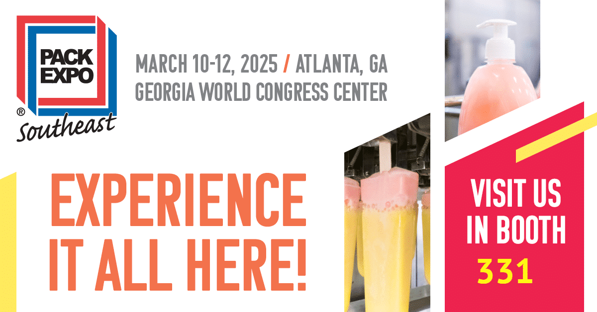 Pack Expo Southeast 2025 event details with images of bottles and packaging machinery.