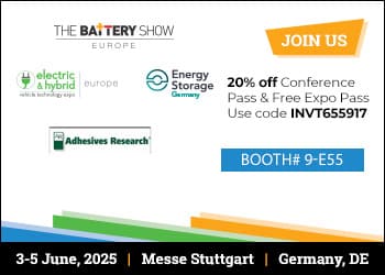 Promotional banner for The Battery Show Europe, 3-5 June 2025 in Stuttgart, Germany, featuring booth info, discount code, and event partners.